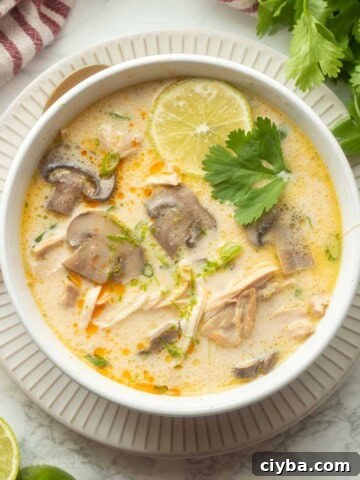 Bowl of Thai coconut chicken soup with lime and cilantro.