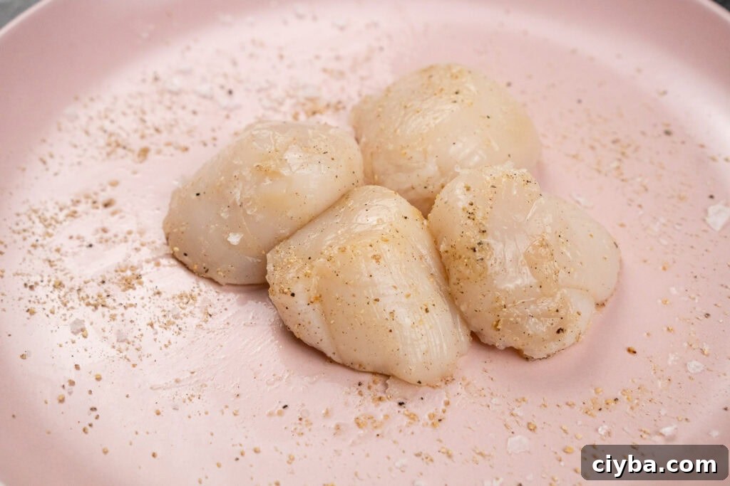 Four scallops seasoned with salt and pepper on a pink plate