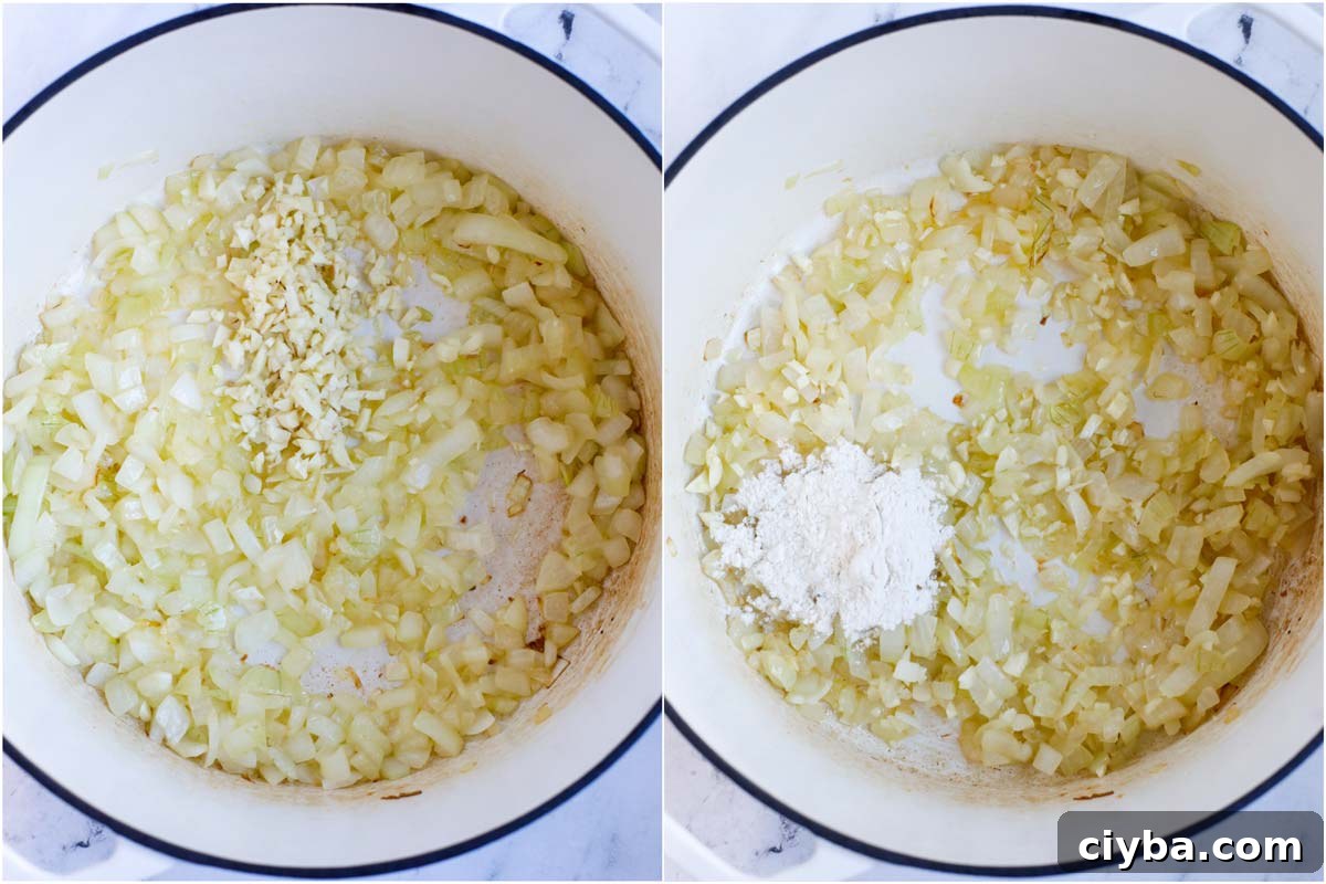 Set of two photos showing ingredients being sauted before adding in flour to the pot.