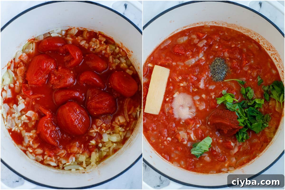 Set of two photos showing onions and tomatoes in a pot and then seasoned.