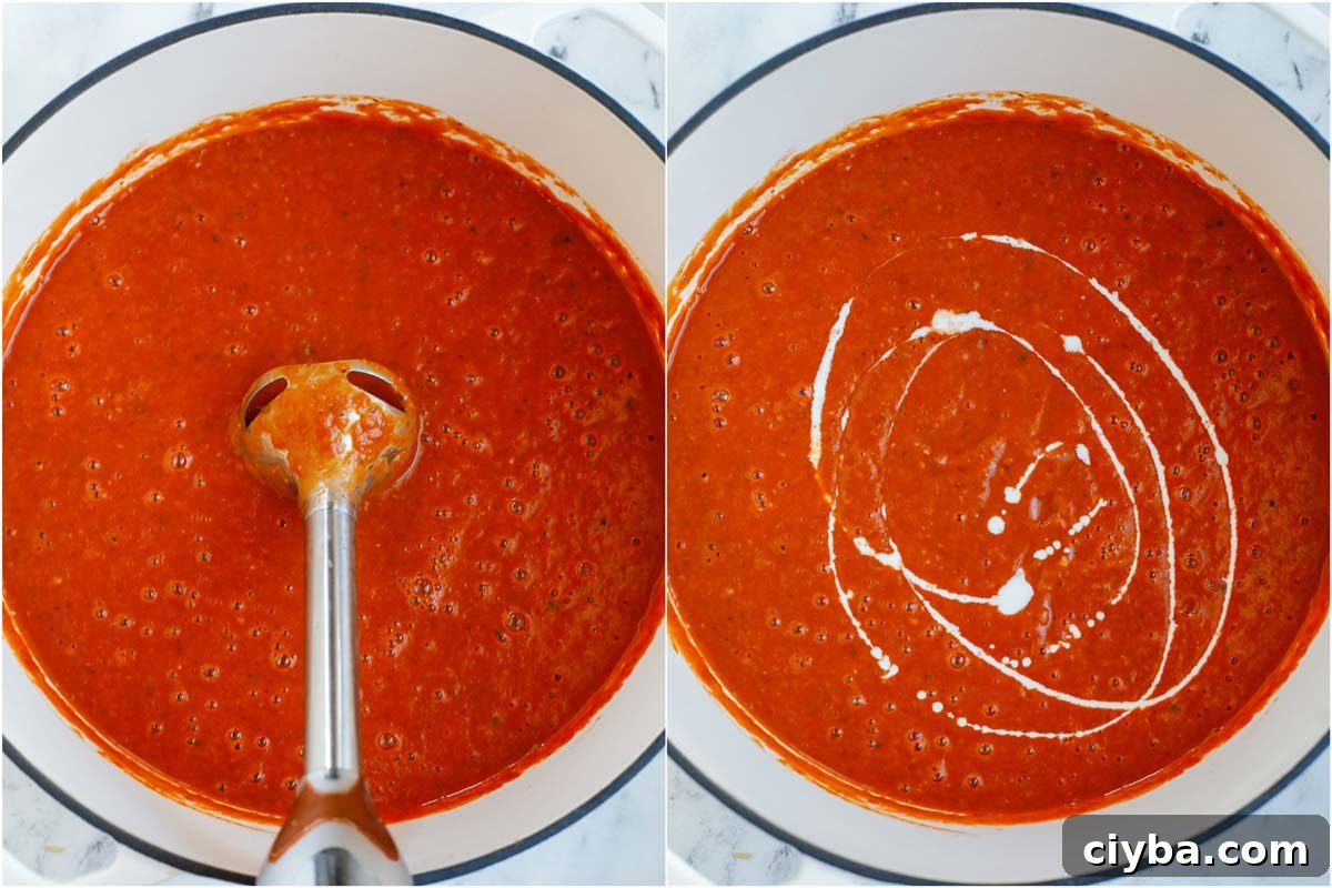 Set of two photos showing soup in a pot being blended with a handheld immersion blender and then heavy cream added.