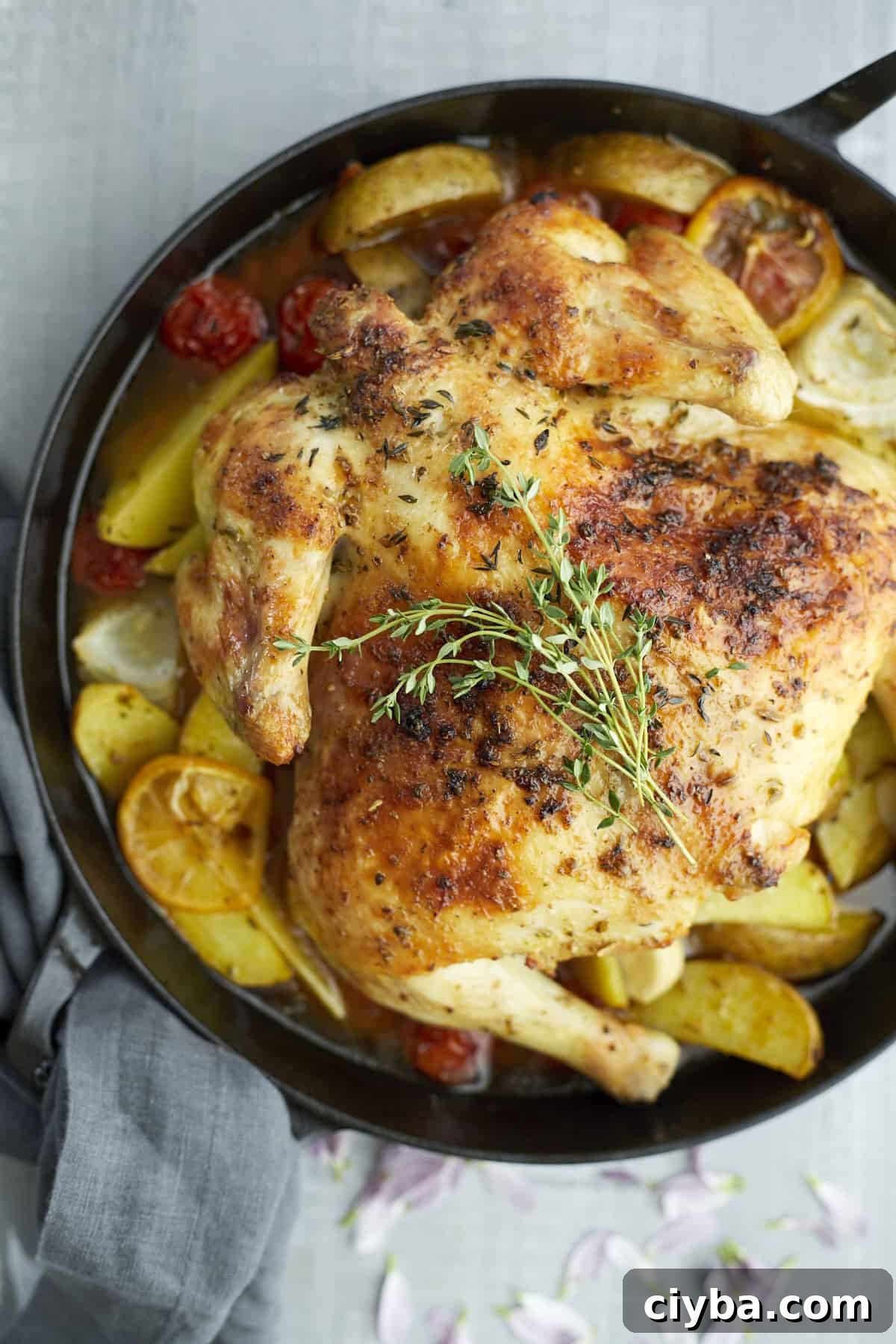 roasted chicken and vegetables in a cast iron pan