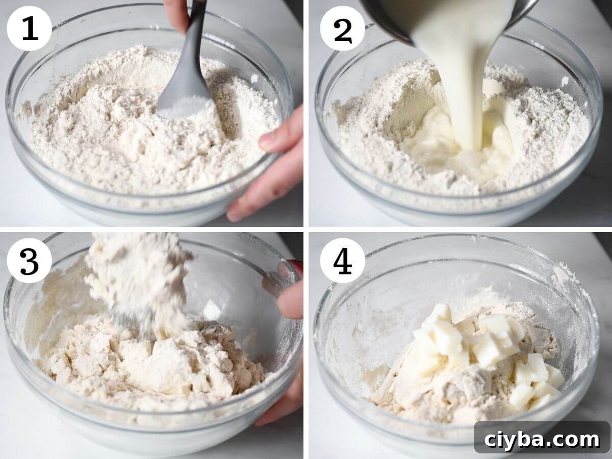 Four photos in a collage showing how to make Gnocco Fritto dough from scratch.