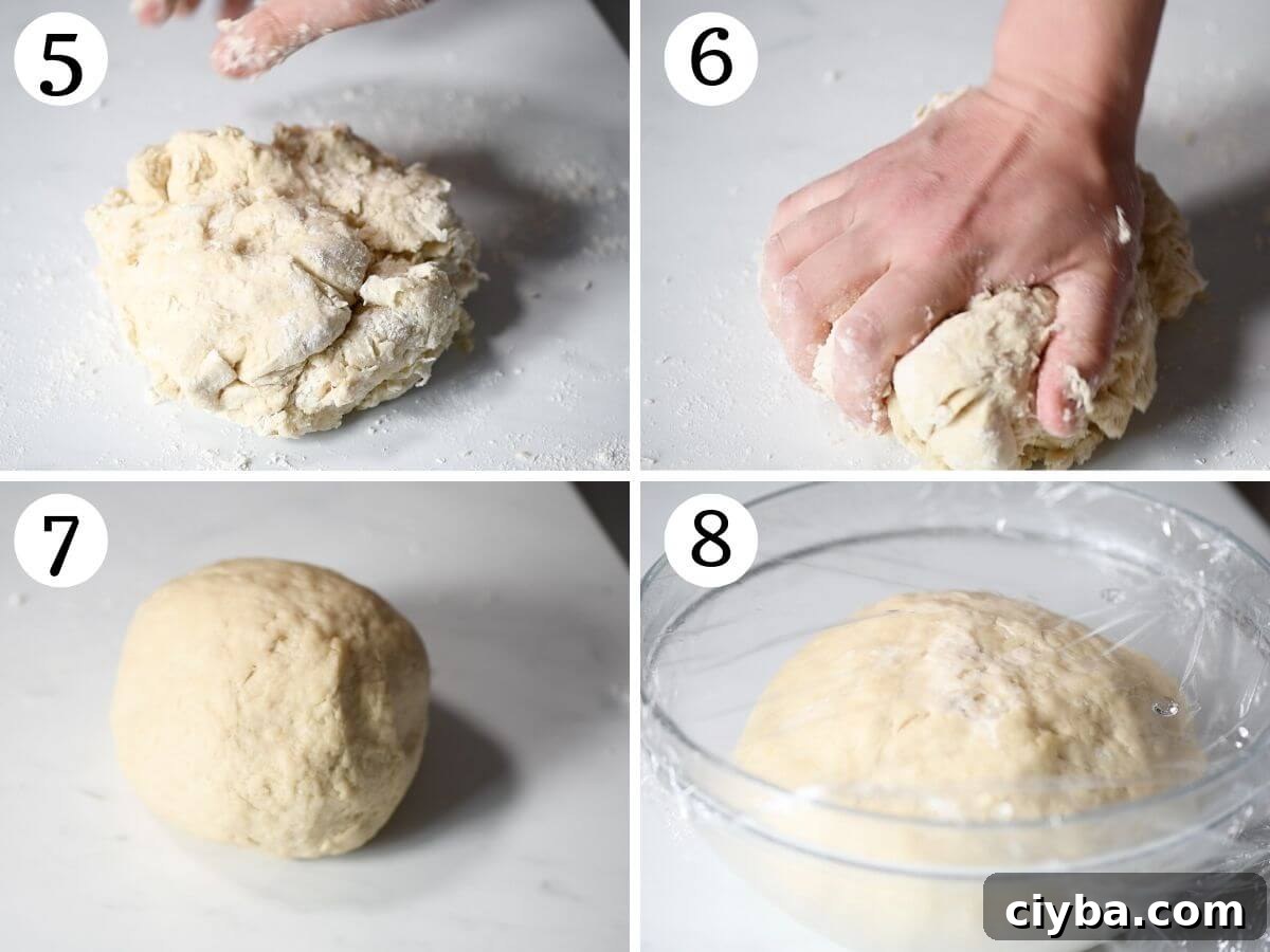 Four photos in a collage showing how to knead Gnocco Fritto dough and before and after proving.