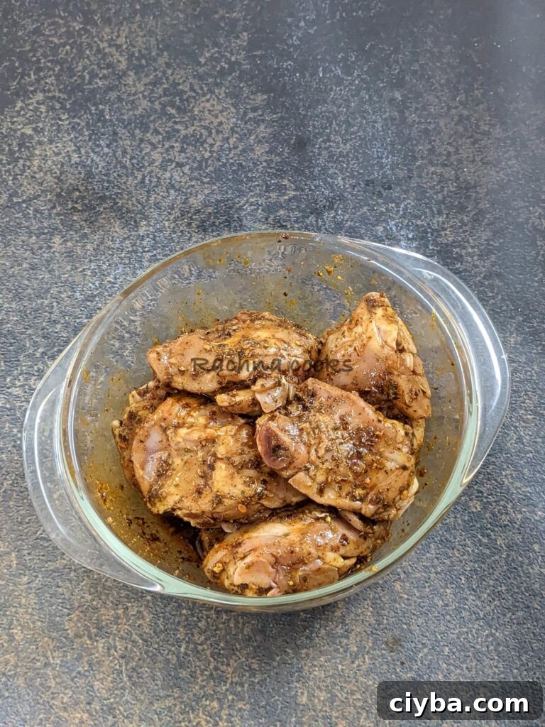Chicken thighs coated with oil, lemon juice and seasonings.