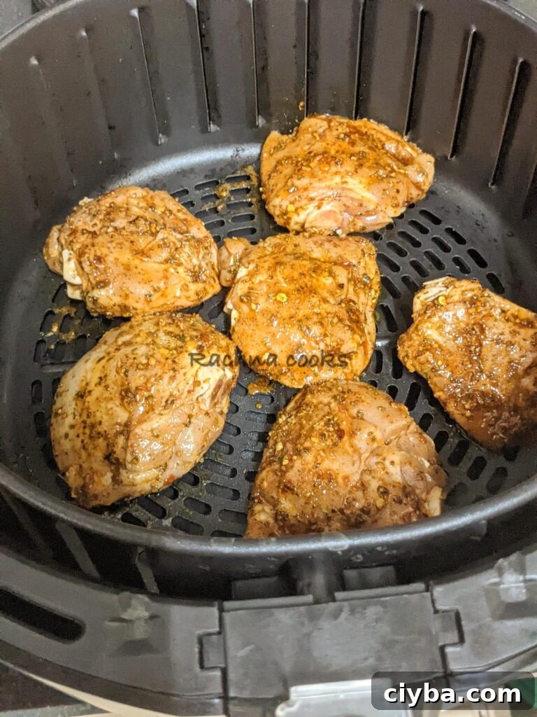 6 chicken thighs marinated and laid in air fryer basket for cooking.