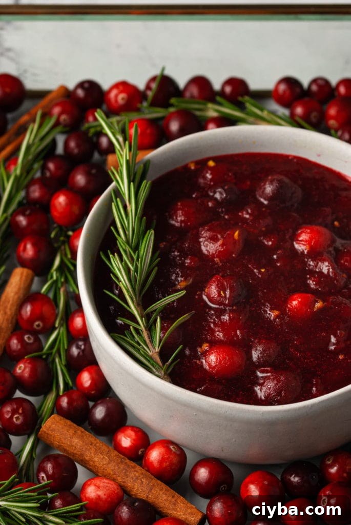 bowl of cranberry sauce with sprig of rosemary garnish, surrounded by fresh cranberries