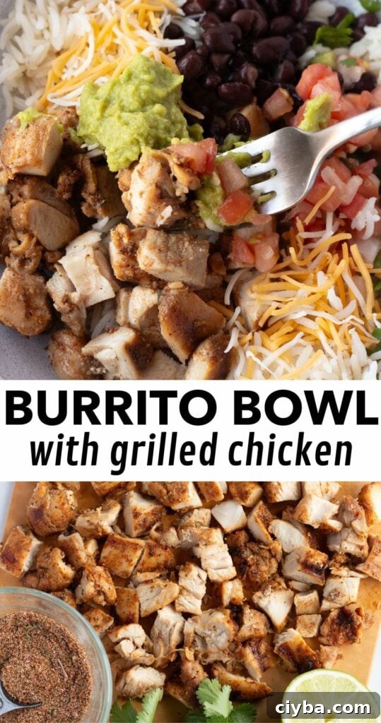 Two image pin with black text on a white background in the middle that reads "burrito bowl with grilled chicken". The top image is a close up of a fork lifting a bite of chicken burrito bowl out of a dish and the bottom image is of chopped grilled chicken thighs on a wood cutting board.