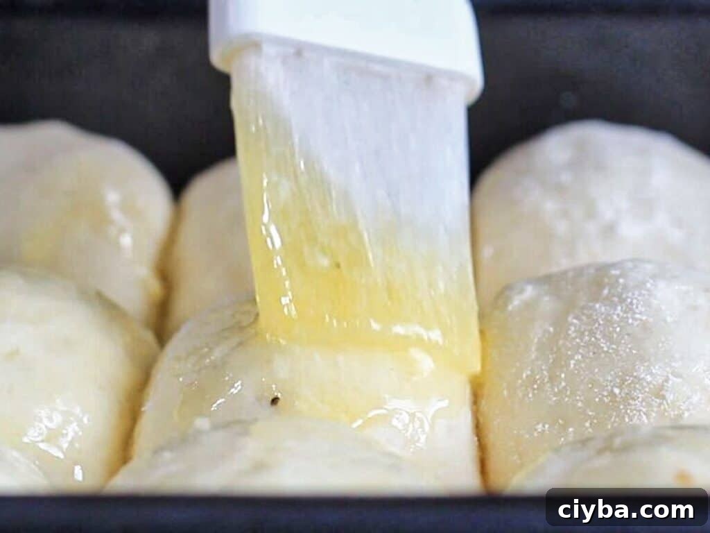 brushing risen unbaked rolls with melted butter.
