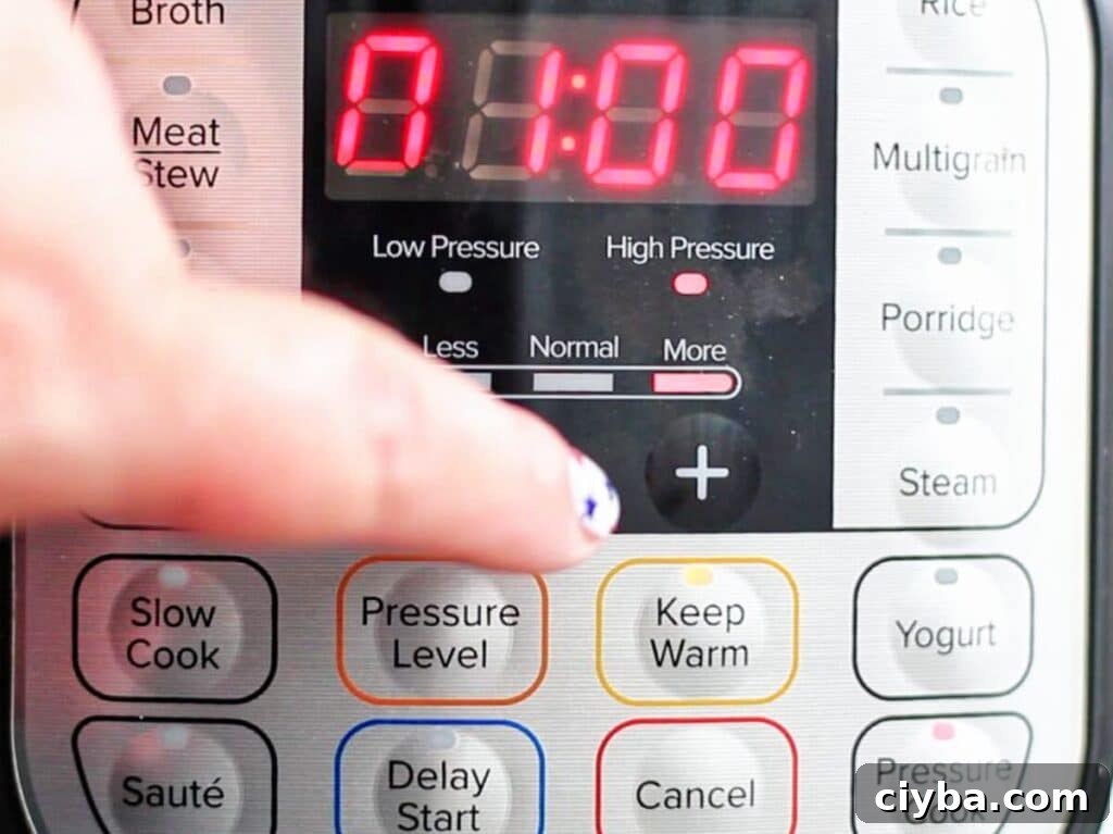 setting instant pot to one hour high pressure.