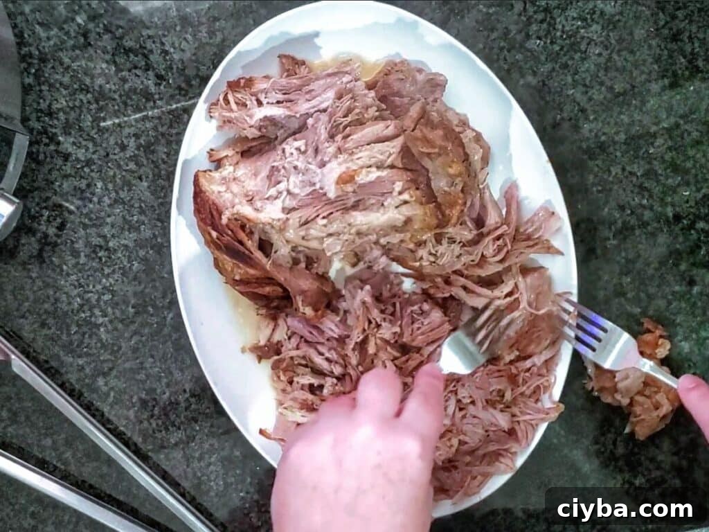 shredding pork on white platter with two forks.