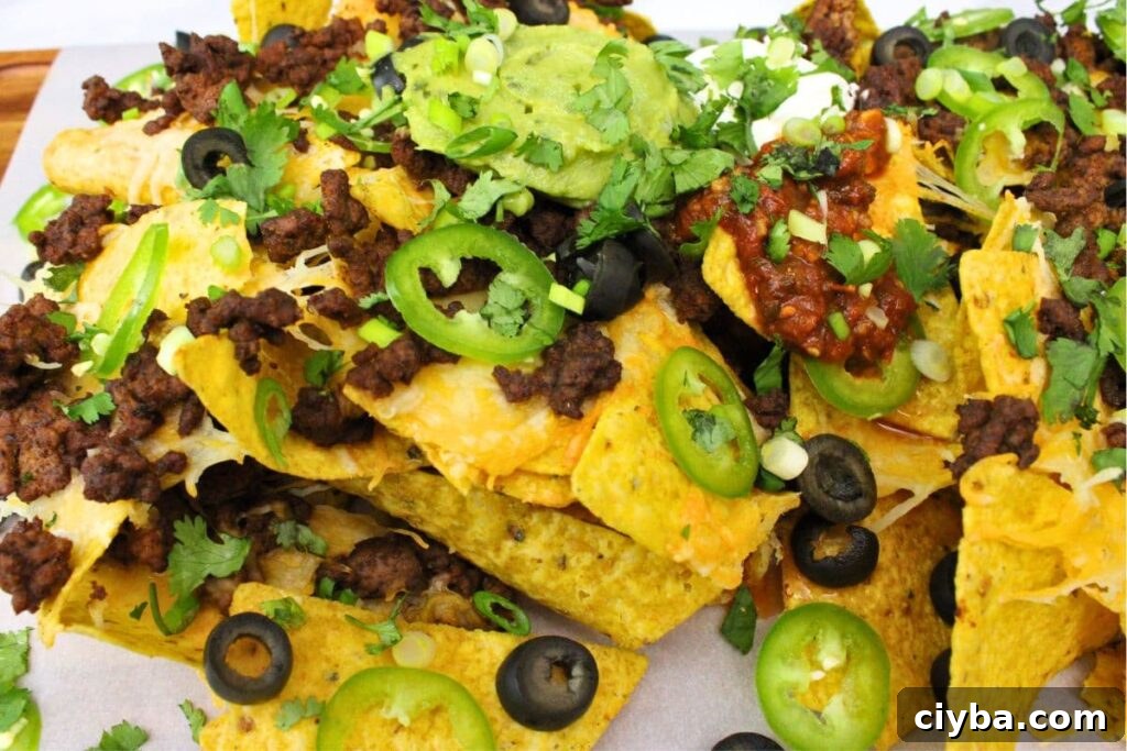 closeup of air fryer nachos topped with beef, jalapenos, olives, guacamole, and sour cream