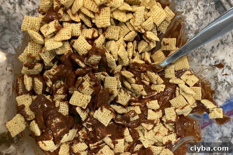 stir rice chex cereal into chocolate peanut butter mixture