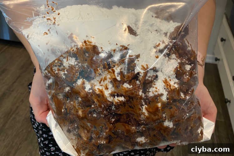 chex cereal with chocolate and powdered sugar in large freezer bag