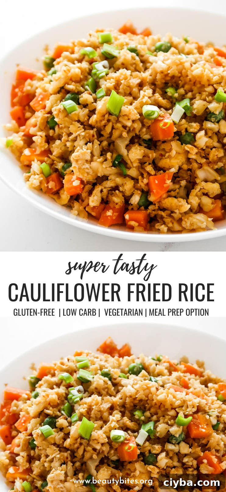 Easy cauliflower fried rice recipe! You’ll need cauliflower, eggs, tamari or soy sauce, vegetables of choice and some oil to make this vegetarian low carb recipe from scratch! Only 30 minutes and you’ll have a delicious, filling and healthy dinner on the table! This clean eating recipe is gluten-free, dairy-free, vegetarian and low carb and comes with an easy meal prep option. #healthy #recipe #easy #dinner #easydinner #cauliflower #friedrice #lowcarb #lowcarbdinner