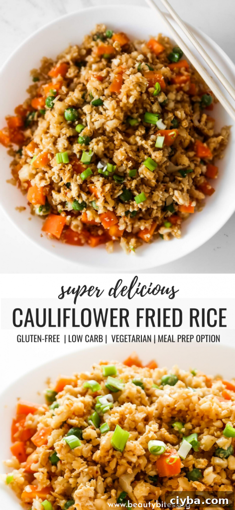 Easy cauliflower fried rice recipe! You’ll need cauliflower, eggs, tamari or soy sauce, vegetables of choice and some oil to make this vegetarian low carb recipe from scratch! Only 30 minutes and you’ll have a delicious, filling and healthy dinner on the table! This clean eating recipe is gluten-free, dairy-free, vegetarian and low carb and comes with an easy meal prep option. #healthy #recipe #easy #dinner #easydinner #cauliflower #friedrice #lowcarb #lowcarbdinner