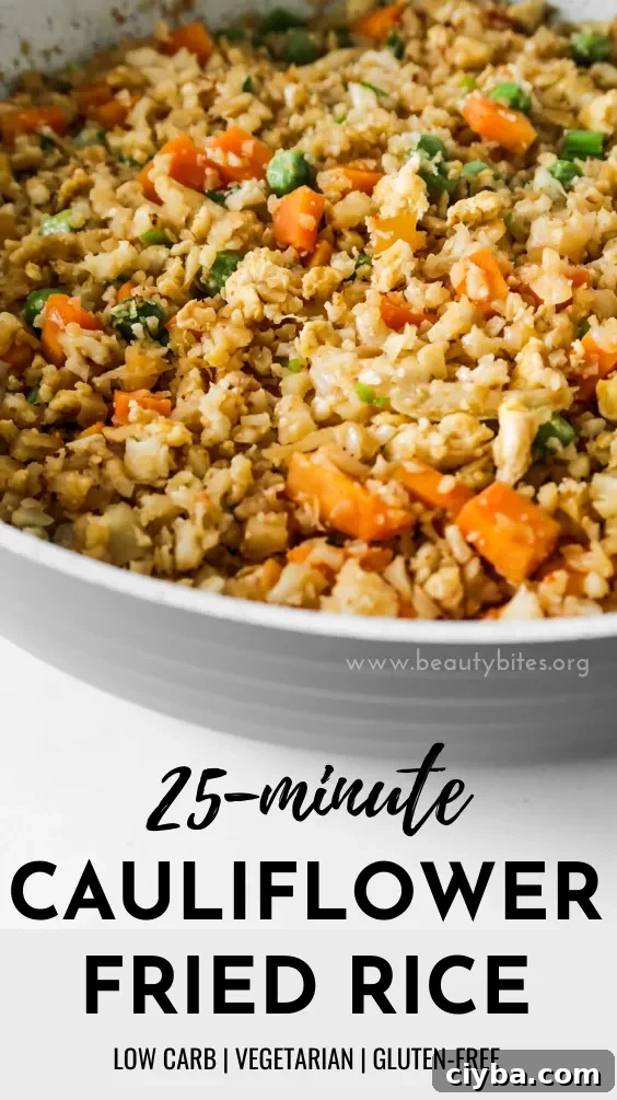 Easy cauliflower fried rice recipe! You’ll need cauliflower, eggs, tamari or soy sauce, vegetables of choice and some oil to make this vegetarian low carb recipe from scratch! Only 30 minutes and you’ll have a delicious, filling and healthy dinner on the table! This clean eating recipe is gluten-free, dairy-free, vegetarian and low carb and comes with an easy meal prep option. #healthy #recipe #easy #dinner #easydinner #cauliflower #friedrice #lowcarb #lowcarbdinner