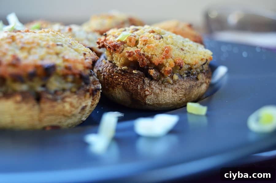 Two stuffed mushrooms from the side on a blue plate