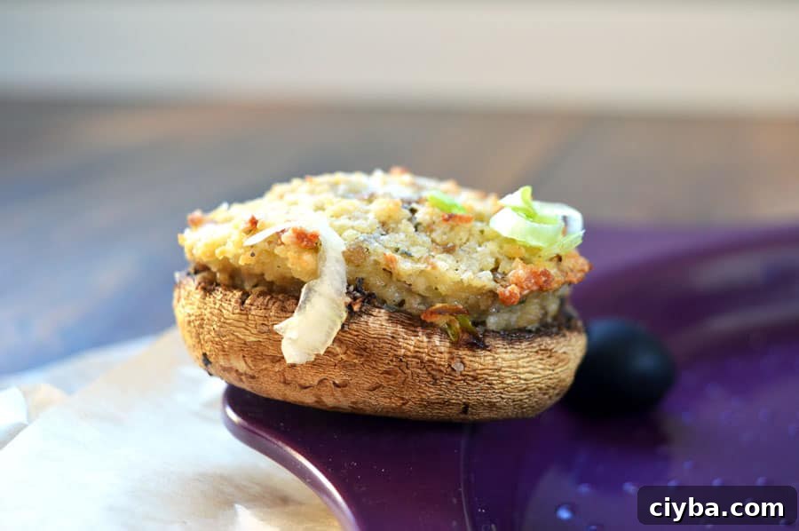 One stuffed mushroom from the side