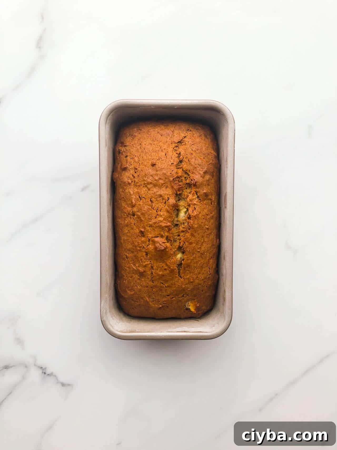 Eggless banana bread in a loaf pan