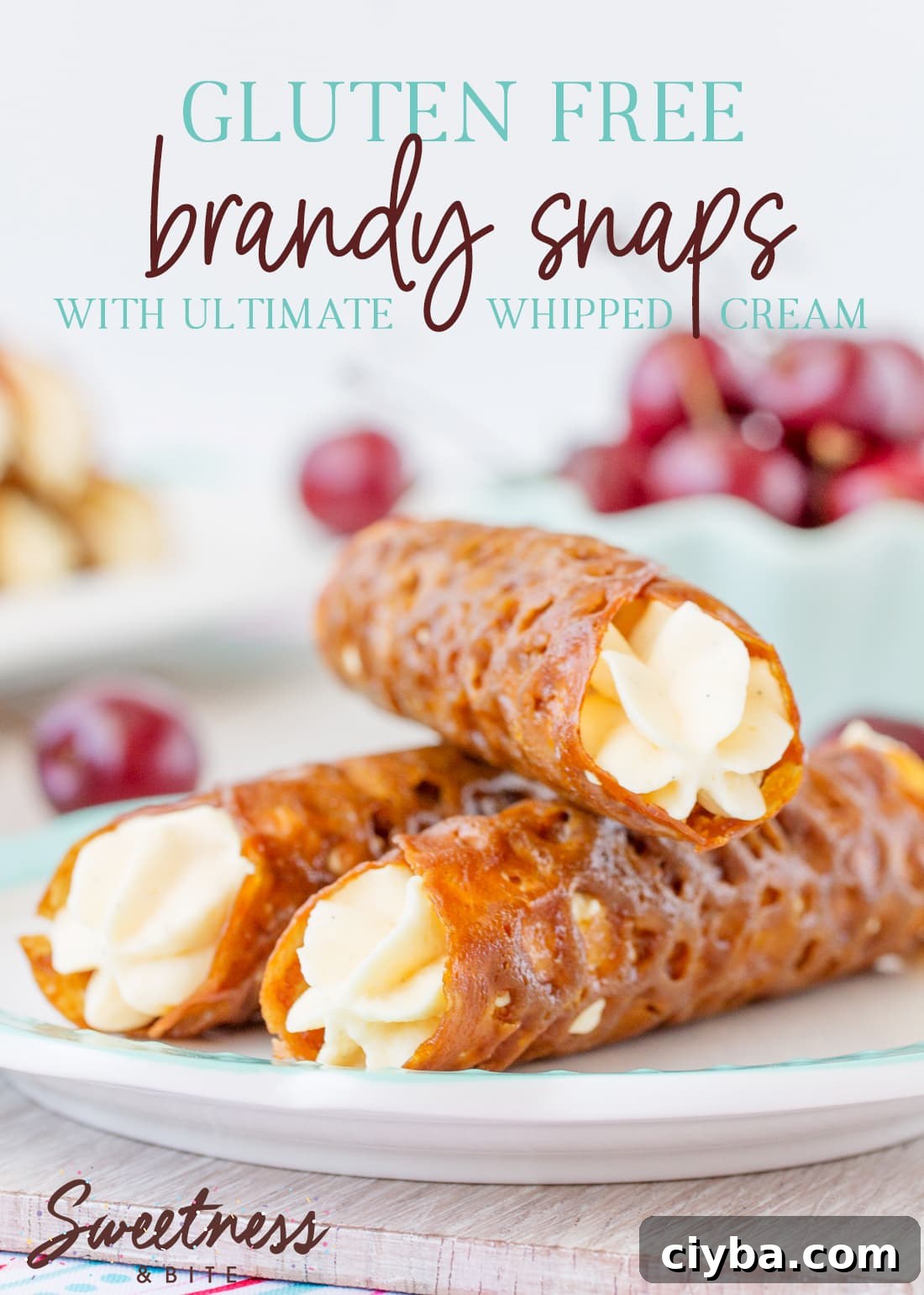 Three brandy snaps stacked on a plate, text overly reads "Gluten Free Brandy Snaps with Ultimate Whipped Cream."