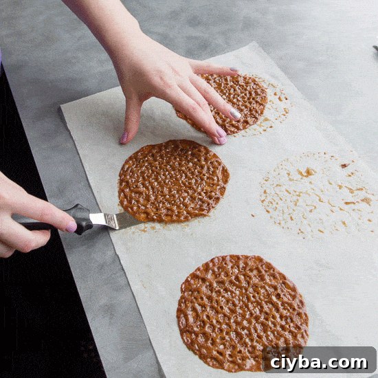 Animated gif showing how to roll brandy snaps.