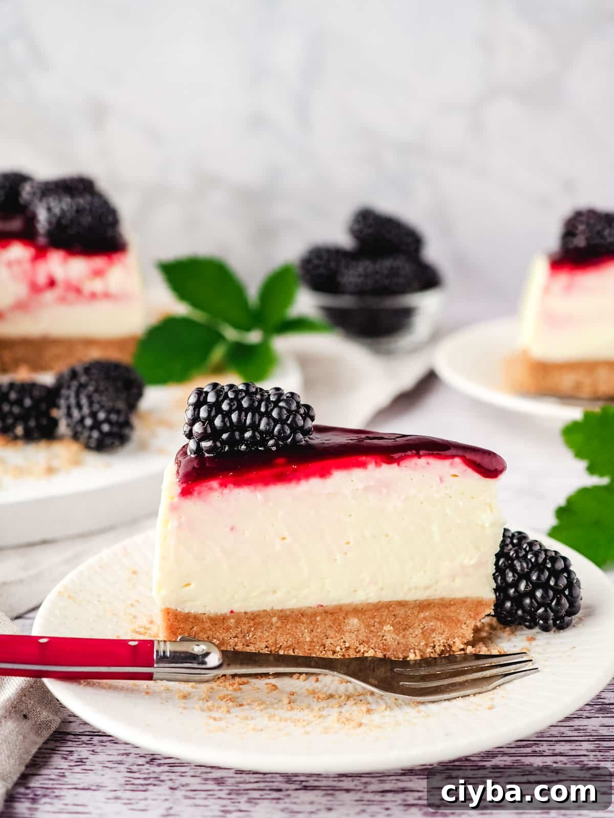 Slice of no bake blackberry cheesecake on a plate with fork, and rest of cake in background.