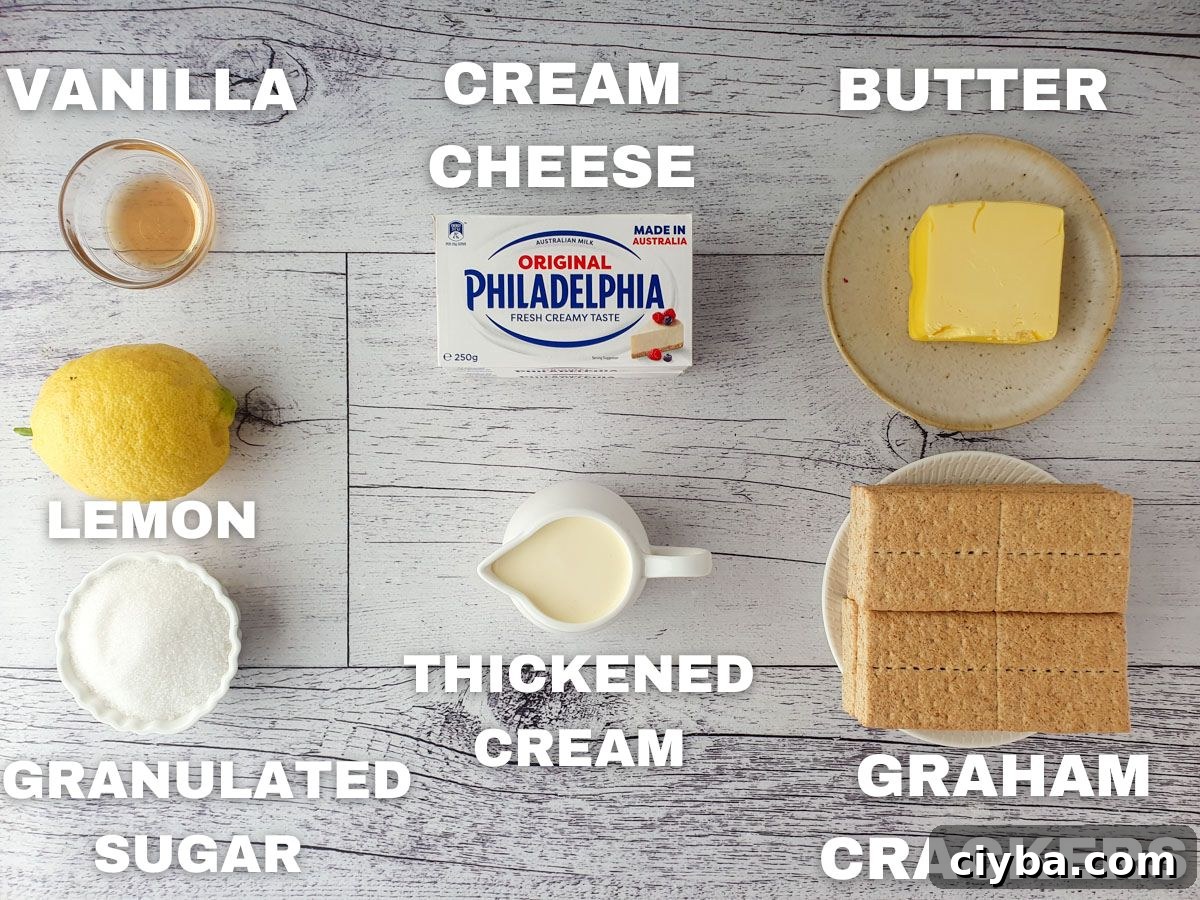 No bake cheesecake ingredients: vanilla extract, lemon, granulated sugar, cream cheese, thickened cream, butter, graham crackers.