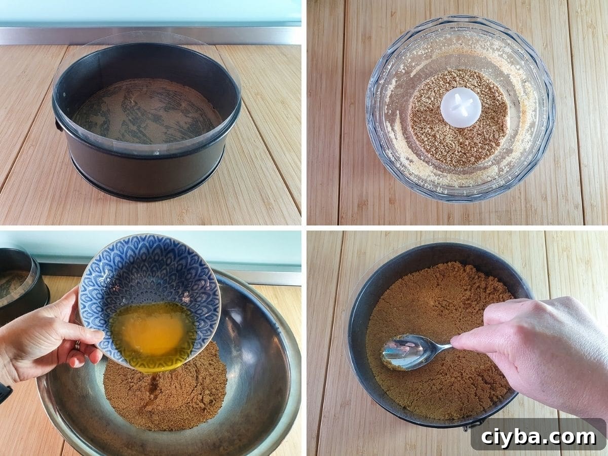 Making the base, lining the tin, blitzing the cookies into crumbs, adding melted butter, pressing base mix into lined tin.