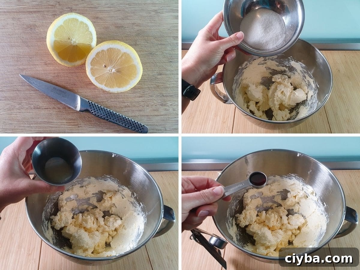 Process shots: slicing lemon to juice, adding sugar to softened cream cheese, adding lemon juice, adding vanilla.