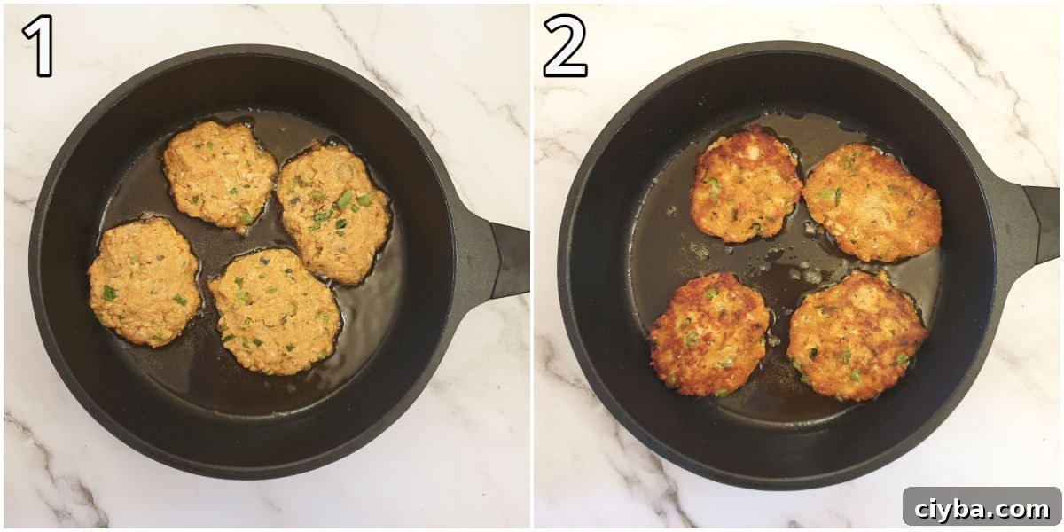 Thai Salmon Fish Cakes with Spicy Lime Dipping Sauce 7 Steps for frying the fishcakes.