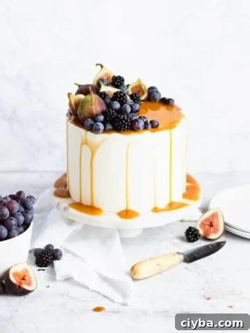 sweet potato cake topped with figs, blackberries and grapes
