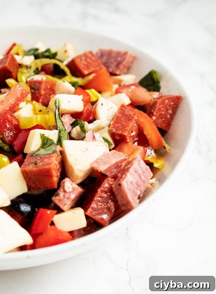 side view of a bowl containing keto antipasto with dressing