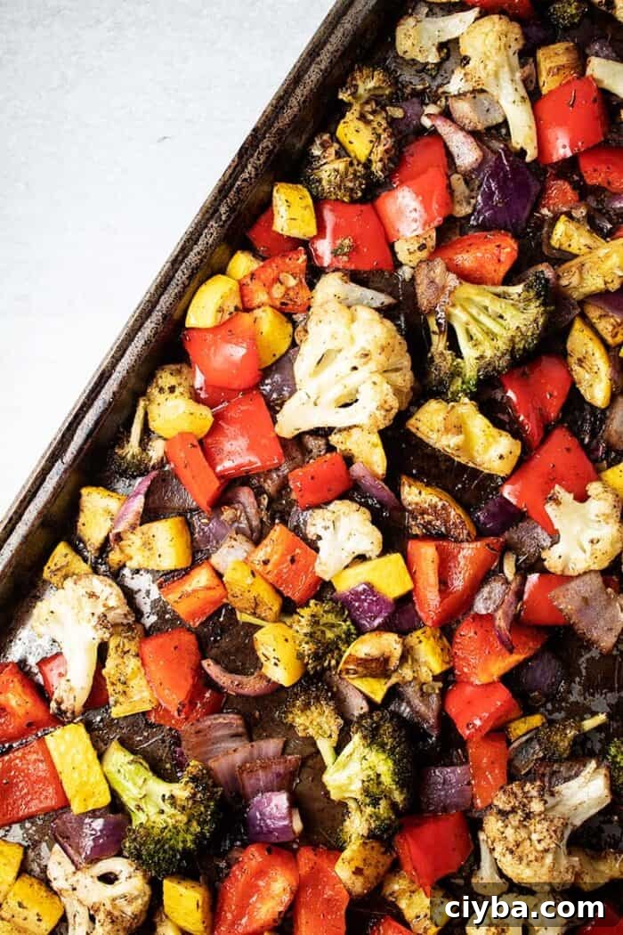 keto roasted vegetables on an angled baking sheet