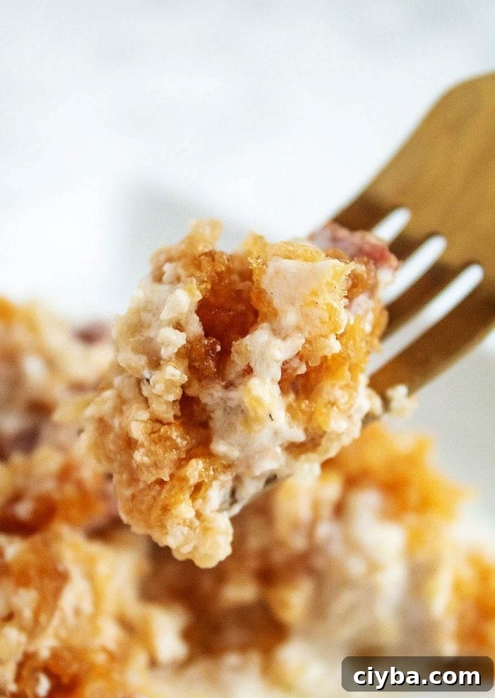 fork with a bite of pork rind chicken casserole on it