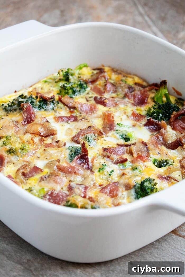 closeup of white casserole dish containing keto breakfast casserole fully baked