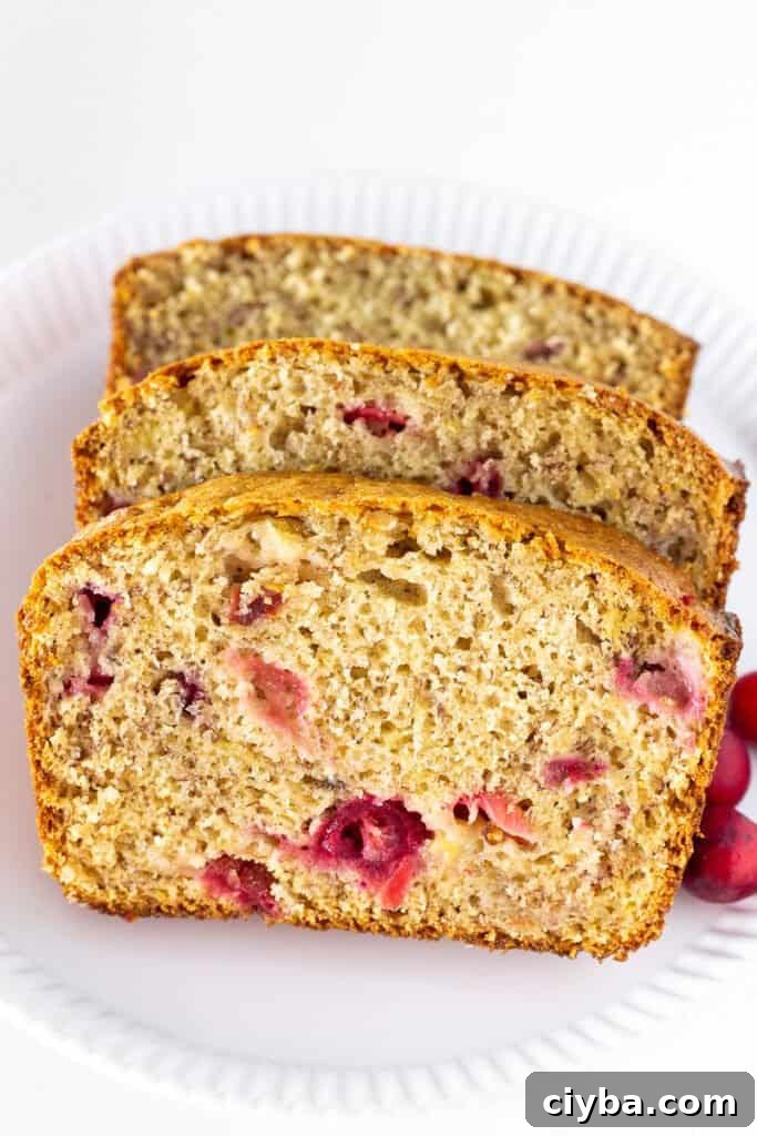 Sliced cranberry banana bread on a white plate.