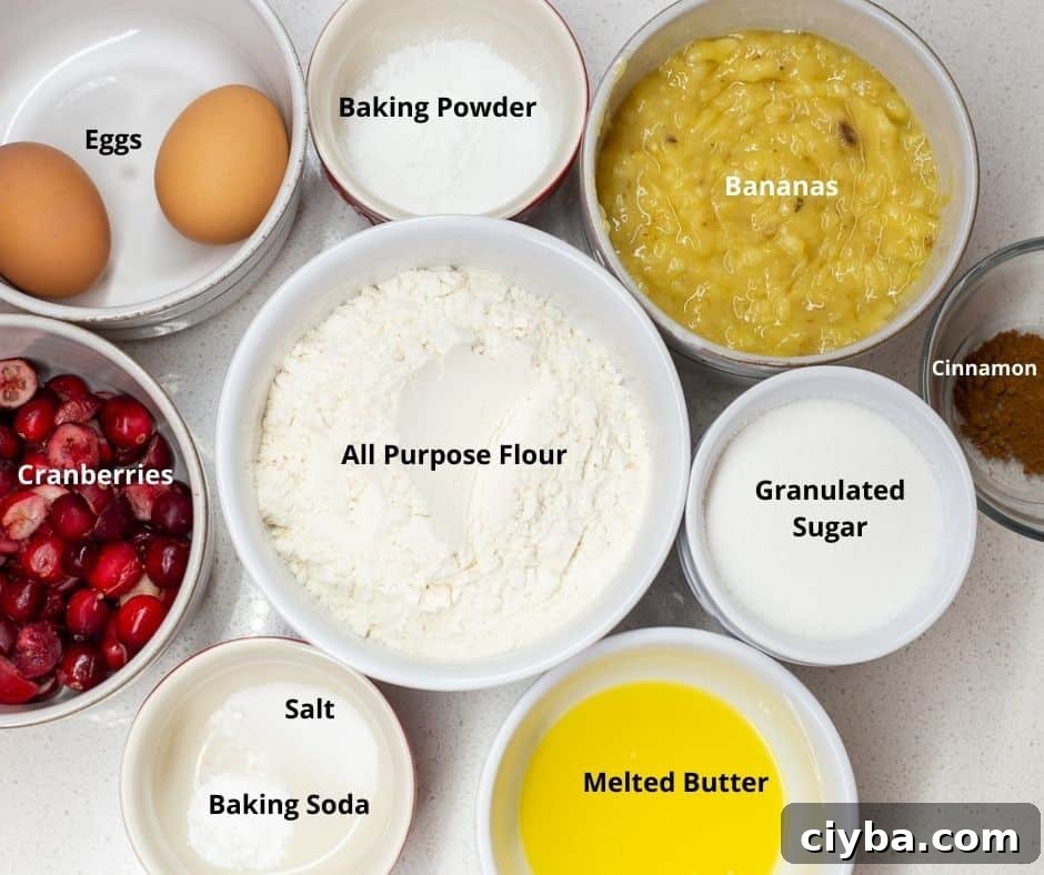 Ingredients for cranberry-banana bread with text overlay on each ingredient.