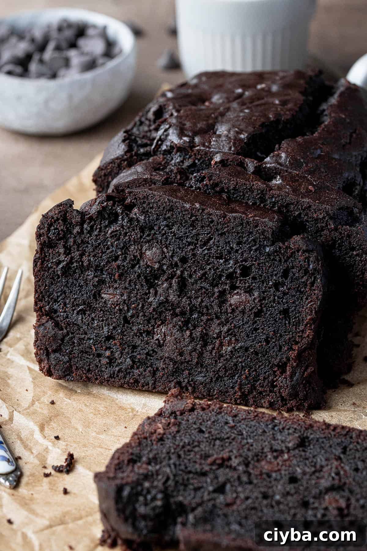 Close up of the sliced cake.