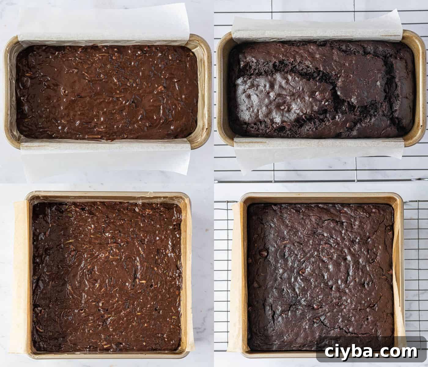Step 4, a four image collage of the cake before and after baking in both a loaf tin and a square tin.