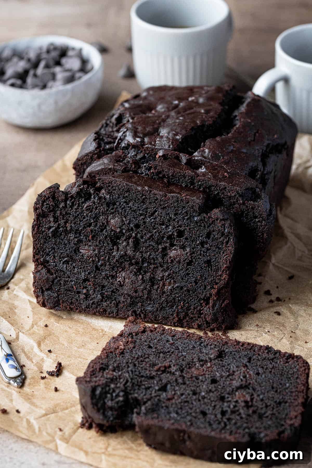 The sliced cake with coffee cups and a bowl of chocolate chips.