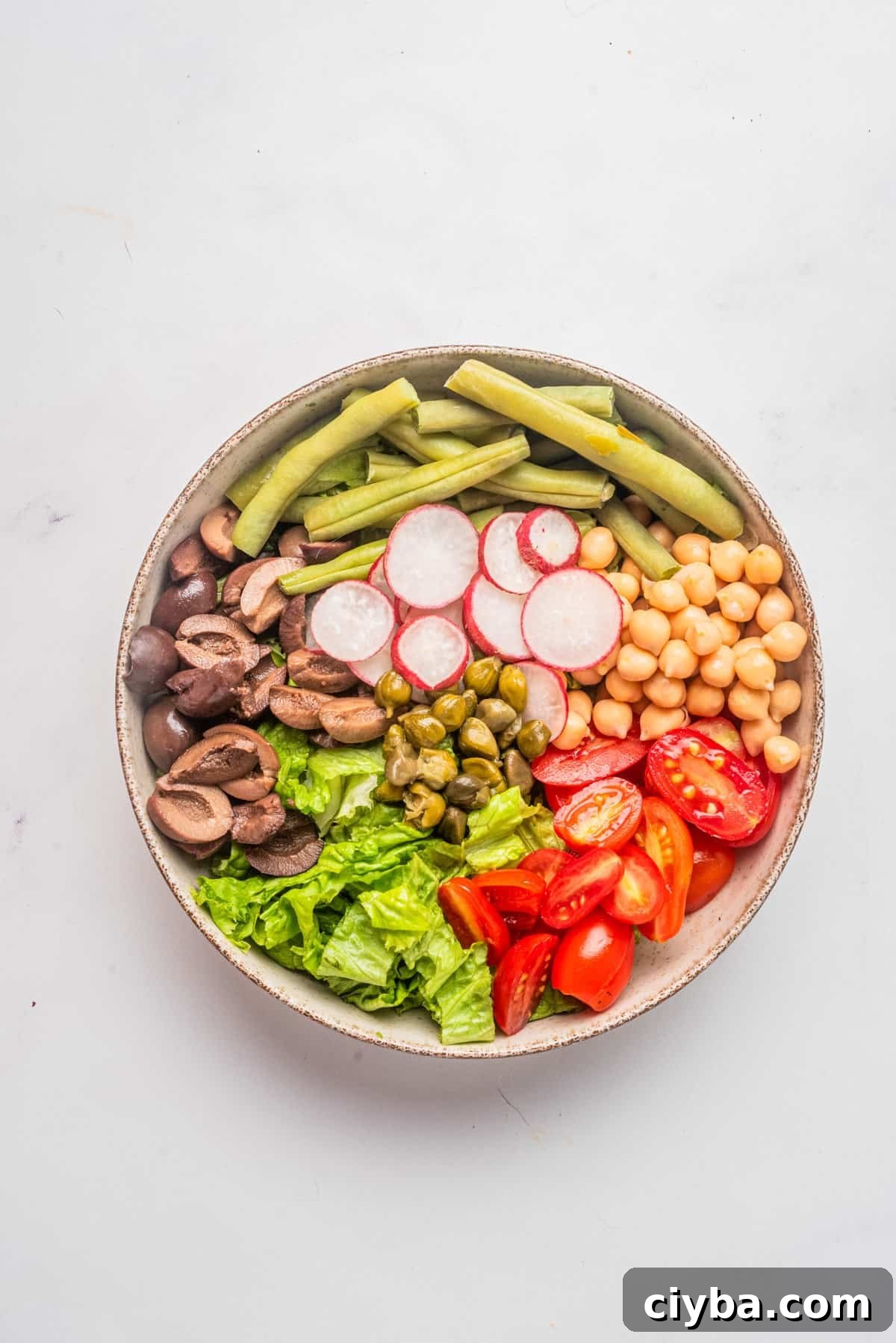 Vegan Niçoise Salad Recipe with Crispy Tofu and Olives 5 An image of vegan nicoise salad arranged beautifully in a bowl.