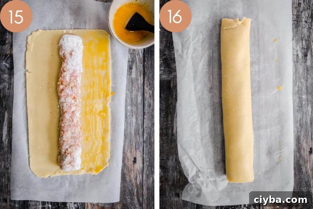 Gluten-Free Sausage Rolls with Homemade Pastry Recipe 13 Two images showing how the sausage roll is rolled up