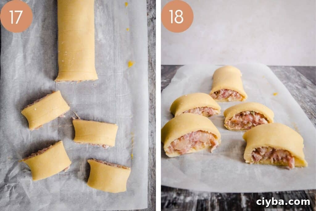 Gluten-Free Sausage Rolls with Homemade Pastry Recipe 14 Two images showing sausage roll cut up