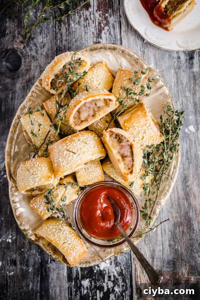 Gluten-Free Sausage Rolls with Homemade Pastry Recipe 16 sausage rolls on a plate with a bowl of ketchup