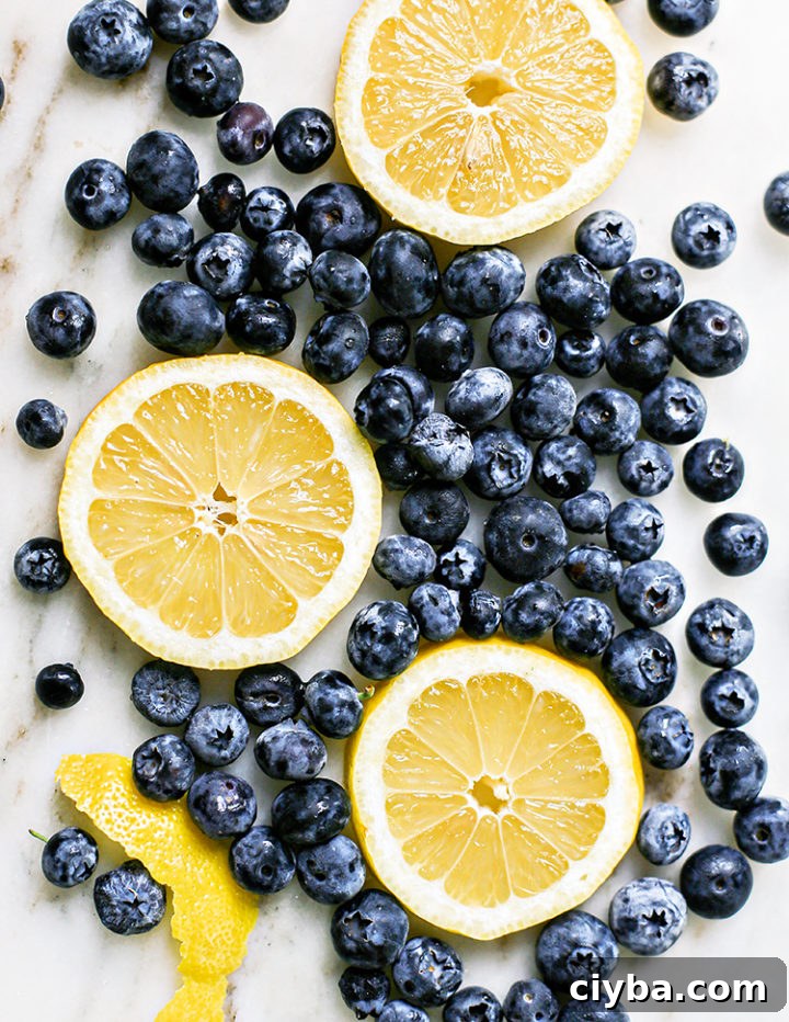 lemon slices and fresh blueberries on a marble board