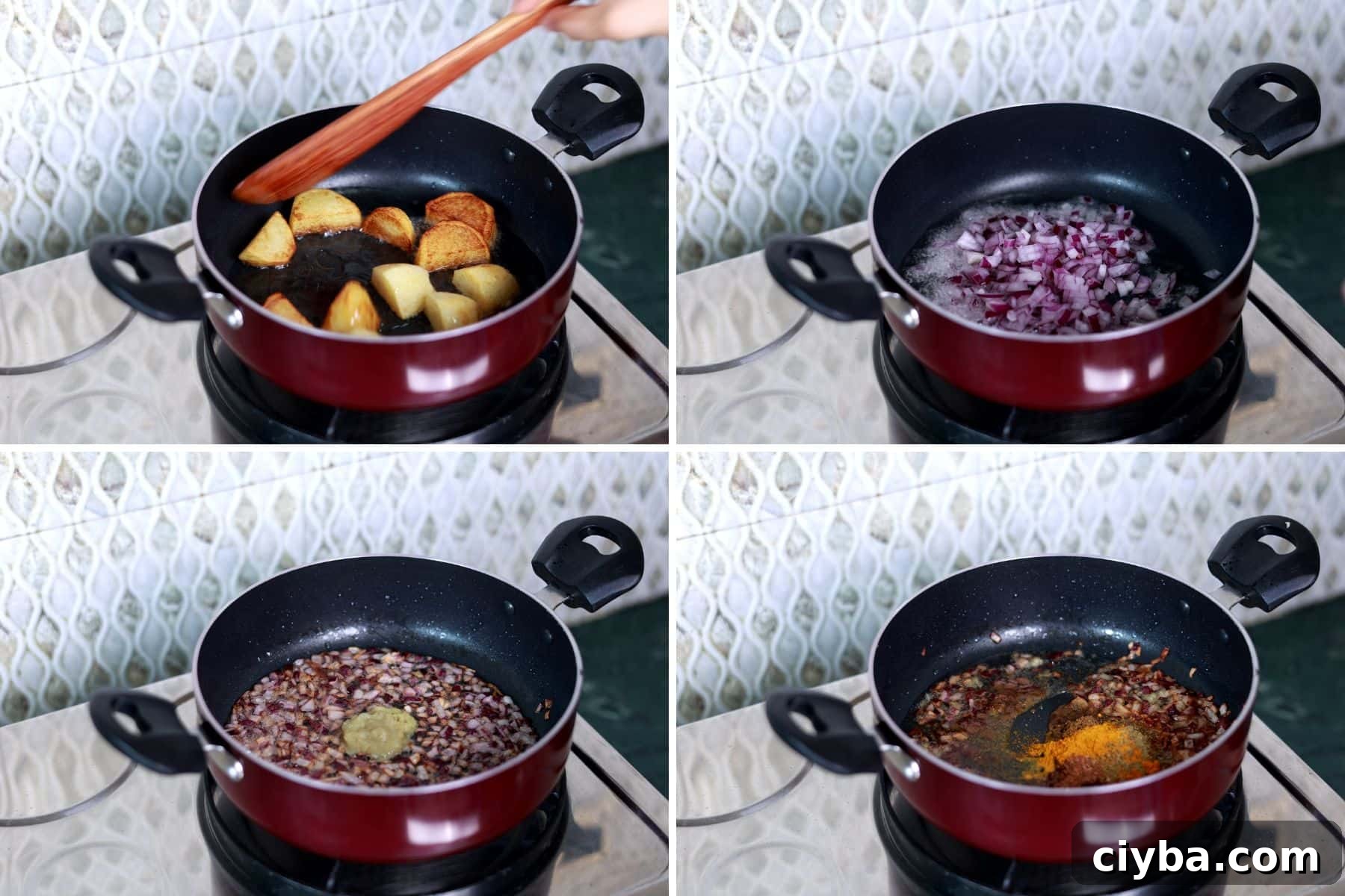 Step-by-step collage: sautéing potatoes, cooking onions, adding ginger-garlic paste, and sautéing spices.