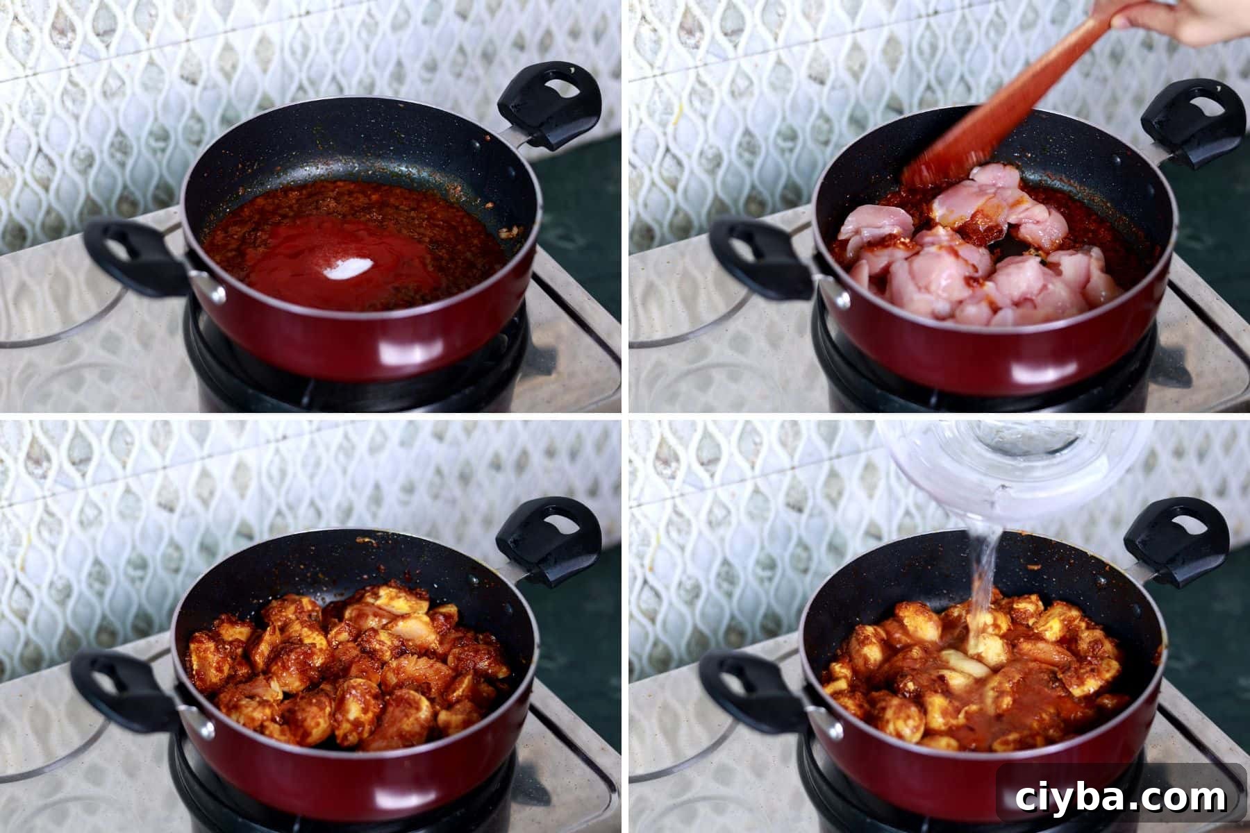 Collage of tomato puree and salt being added, chicken sautéed, and water added for curry.