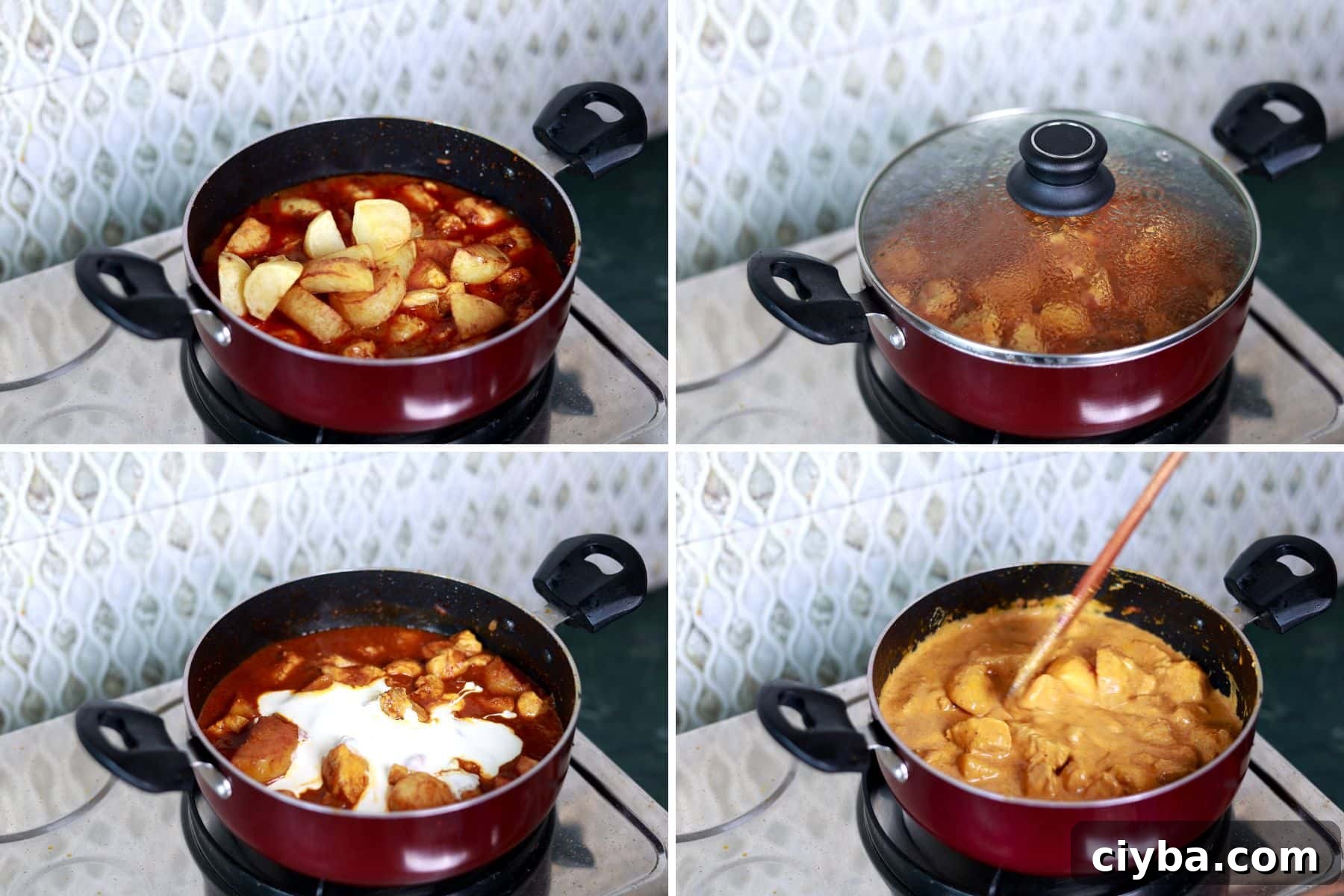 Collage showing potatoes added, curry covered to simmer, cream stirred in, and curry combined.