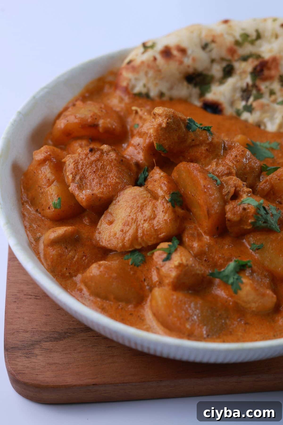 Side angle shot of chicken and potato curry served in a bowl, garnished with fresh cilantro and ready to eat.